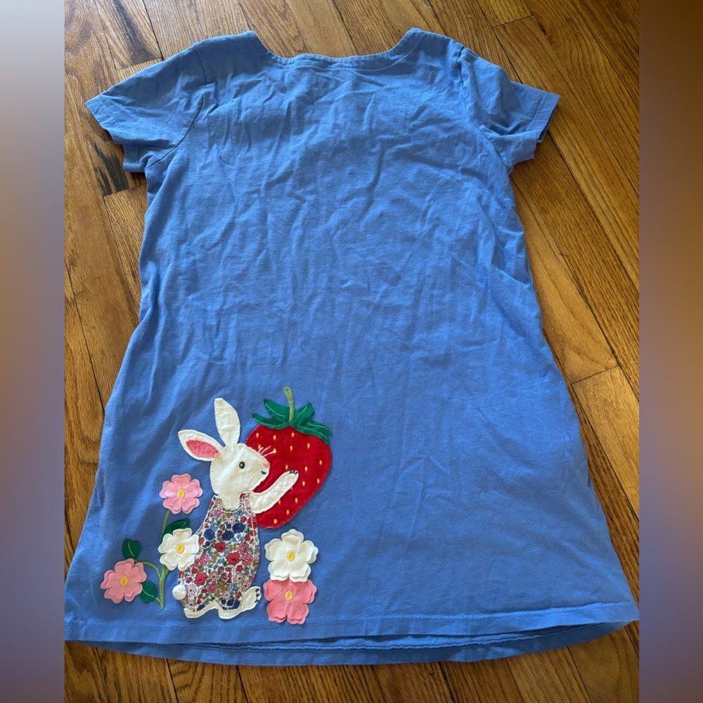 Mini Boden Size 13-14 Blue Short Sleeve tunic with Bunny & Strawberry Appliqué